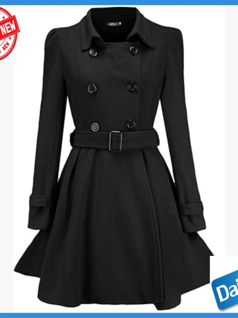 Women's Wool Blend Pea Coat Double Breasted Belted Trench Jacket Slim Fit